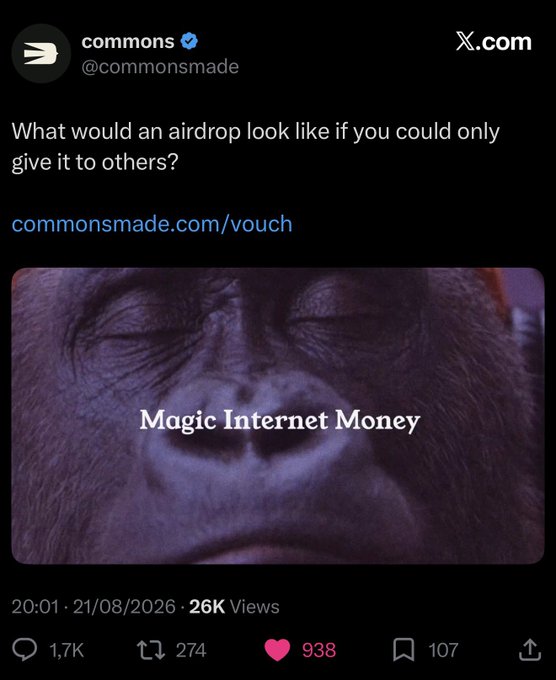 A X post from @commonsmade asking "What would an airdrop look like if you could only give it to others?" alongside an image of a monkey's face overlaid with "Magic Internet Money." The accompanying comment promotes vouching to boost a Solana influencer's ranking among ETH-heavy accounts, relating to the post's concept of an airdrop system where users can only allocate tokens to others.