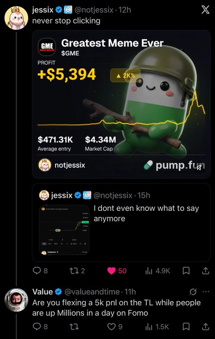 A Twitter screenshot shows @notjessix's post celebrating a +$5,394 profit on $GME with the "Greatest Meme Ever" meme (a soldier character), accompanied by a reply mocking them with "Are you flexing a 5k pnl on the TL while people are up Millions in a day on Fomo," capturing the dismissive tone of the "This place sucks so much" comment.