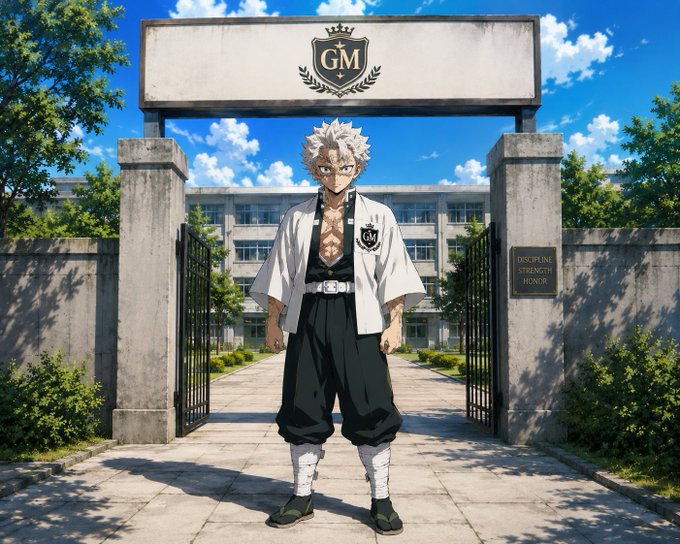 The image features a man dressed in black and white standing in front of a building with a sign that says "GOM". The man appears to be posing for the photo, possibly at school or another location associated with the GOM logo. The surrounding area includes trees and bushes, adding a natural element to the scene. There is also an umbrella visible in the image, suggesting that it might have rained recently or there's a chance of rain soon.
