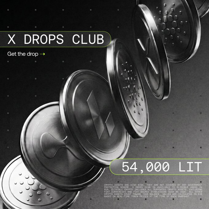 A sleek promotional graphic for "X Drops Club" showcases a diagonal cascade of metallic cryptocurrency coins, prominently featuring "54,000 LIT" highlighted at the bottom, directly corresponding to the $LIT giveaway prize mentioned for traders using Lighter.