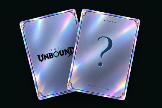 Two iridescent, holographic collectible cards are shown; the left card reads “THE UNBOUND,” while the right card features a large “?” and “UNPRIVILEGED.” The image serves as promotional artwork for the JadeBound NFT whitelist giveaway.