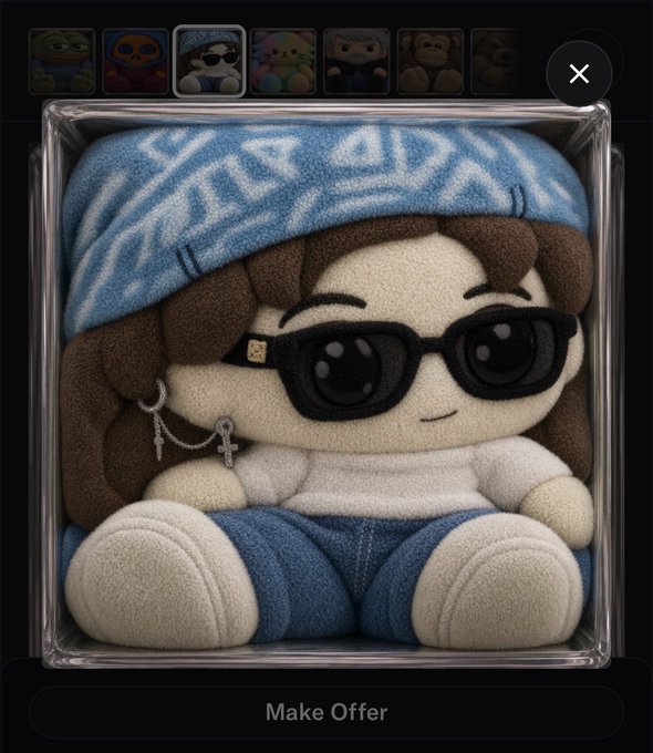 A 3D plush-style avatar of a woman wearing sunglasses and a blue hat, displayed in what appears to be an NFT marketplace interface with a 'Make Offer' button visible at the bottom.