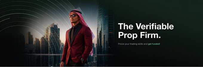 The image features a man wearing a red keffiyeh and a maroon blazer against a cityscape backdrop, with text reading "The Verifiable Prop Firm. Prove your trading skills and get funded!" This visual reinforces the post's message about Carrot Funding's on-chain prop trading platform built on HyperliquidX, emphasizing transparency and accessibility for traders seeking funded opportunities.