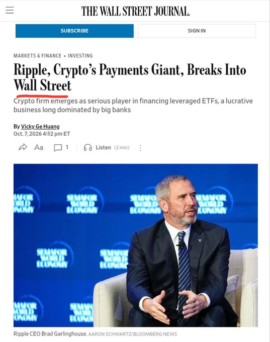 A Wall Street Journal article titled 'Ripple, Crypto's Payments Giant, Breaks Into Wall Street' featuring a photo of Ripple CEO Brad Garlinghouse.