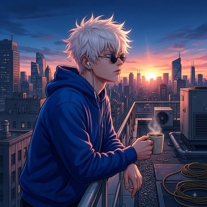 An anime-style illustration shows a white-haired character wearing sunglasses and a blue hoodie, leaning on a rooftop railing while holding a steaming cup of coffee against a vibrant sunset cityscape backdrop. The image captures the "new day, new blocks, new opportunities" spirit of the post, with the dawn skyline and contemplative pose symbolizing a fresh start and readiness to build in the crypto space promoted via the LBank referral link.