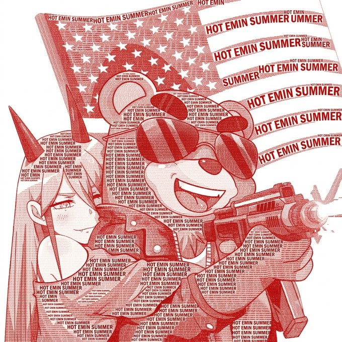 A red and white typographic illustration featuring an anime-style character with bunny ears holding a rifle, with the word "HOT EMIN SUMMER" repeated throughout as background text.
