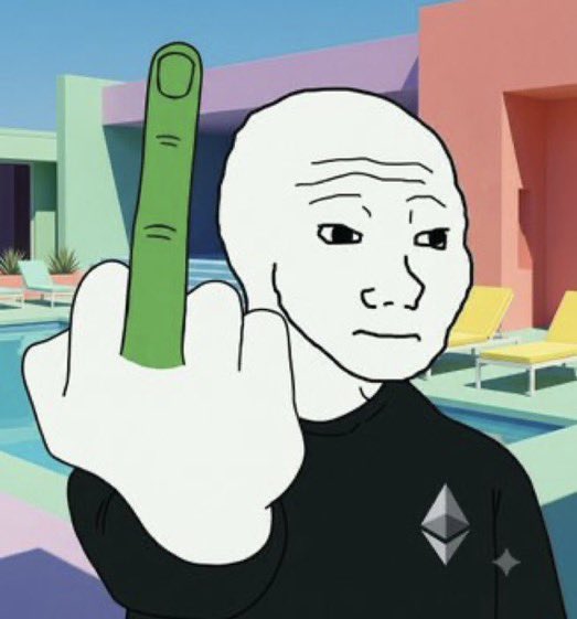 A Wojak-style cartoon character with a sad expression points an extended finger forward while holding a green stalk, wearing a black shirt with the Ethereum logo, set against a pastel poolside background.