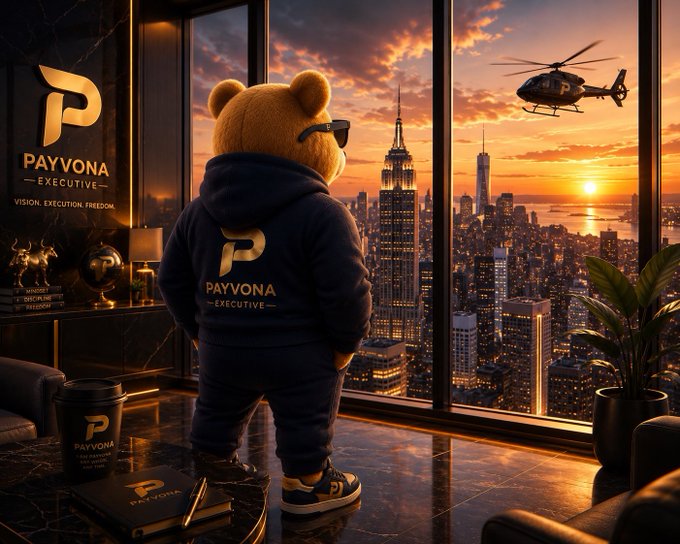 The image features a teddy bear standing in front of a window with a city skyline visible outside. The teddy bear has a name tag that reads "PAYVONA", indicating its connection to the company Payvona. The background shows an urban setting, suggesting that the teddy bear is located in a city or town center. The image also includes text about the company Payvona and their goal of becoming the People's Payment Network for fast, simple, borderless payments.