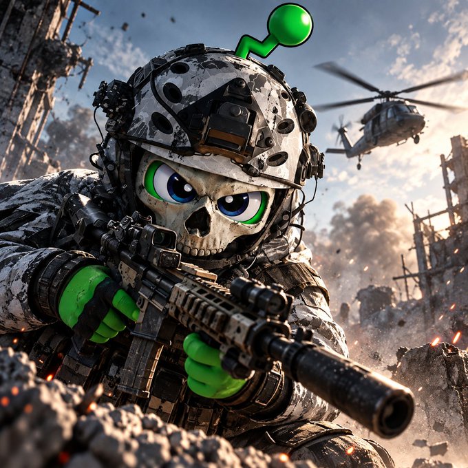 A digital artwork depicts a heavily armed soldier wearing a skull mask with large anime-style eyes and a green antenna topper, holding a rifle in a destroyed urban warzone with a military helicopter flying in the background.