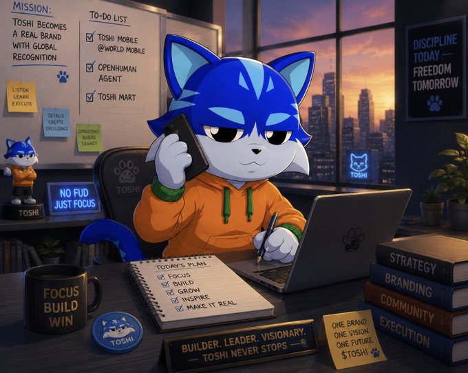 Anime-style illustration of a blue anthropomorphic cat character ('Toshi') in an orange hoodie working at a desk with a laptop and phone, surrounded by motivational notes reading 'NO FUD JUST FOCUS,' 'TOSHI NEVER STOPS,' and to-do items like 'Toshi Mobile,' 'OpenHuman Agent,' and 'Toshi Mart.'
