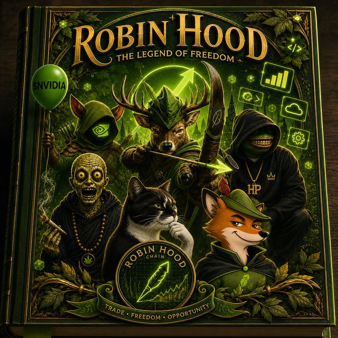 A digital artwork designed like an old book cover titled 'ROBIN HOOD THE LEGEND OF FREEDOM', featuring characters like a deer archer, a fox, a cat, and hooded figures, with tech company references like 'NVIDIA', 'HP', and 'ROBIN HOOD CHAIN'.