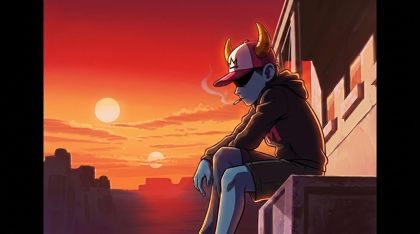 An anime-style illustration of a blue-skinned horned character wearing sunglasses and smoking, sitting on a ledge against a red sunset sky.