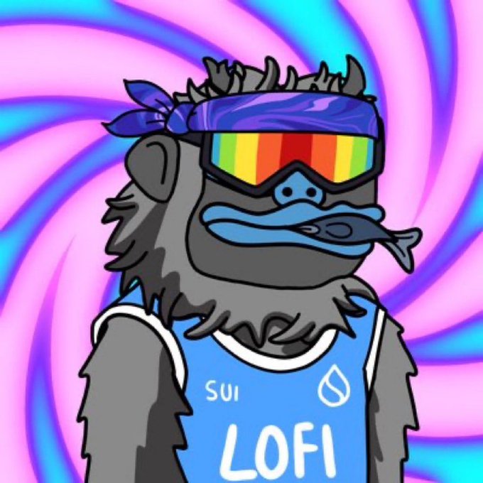 The image features a cartoon gorilla wearing sunglasses, goggles, and a bandana with rainbow colors. The gorilla has a blue tank top on and appears to be holding a fish in its mouth. The background of the image is a pink swirl pattern that complements the overall design of the cartoon character. The caption "GM $SUI & LOFI" is written at the bottom, likely indicating the artist or creator responsible for this unique and colorful character.