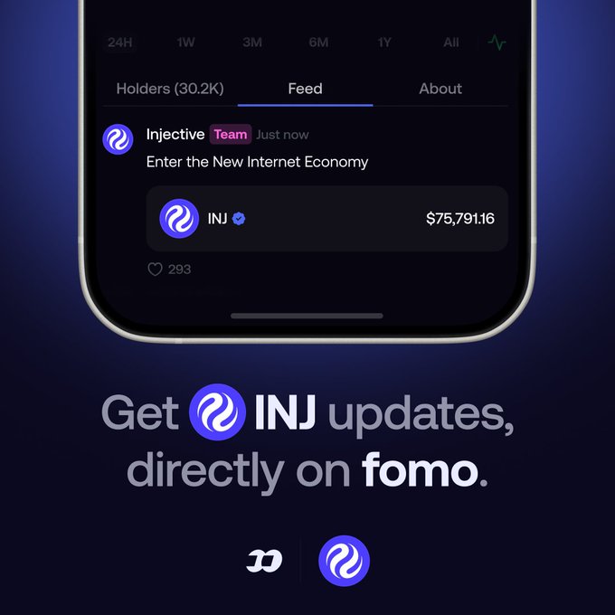 A promotional graphic for the Fomo app showing a smartphone displaying Injective (INJ) updates with a price of $75,791.16, accompanied by the text 'Get INJ updates, directly on fomo.'