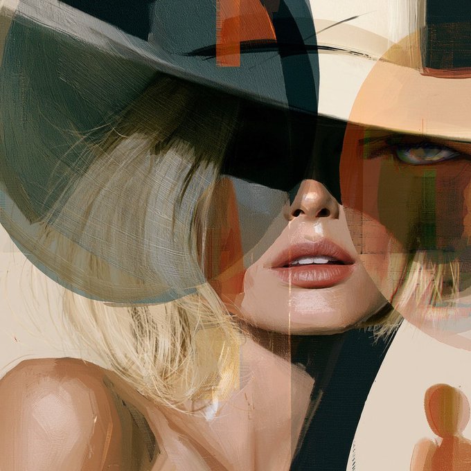 An abstract digital painting showing fragmented views of a woman's face, including her lips, eye, and blonde hair, with overlapping geometric shapes and warm tones.