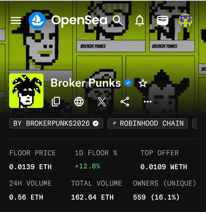 An OpenSea NFT collection page displays "Broker Punks" with a floor price of 0.0139 ETH on the ROBINHOOD CHAIN.