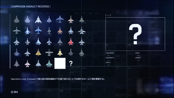 A video game menu screen titled 'CAMPAIGN ASSAULT RECORDS' displaying a collection grid of aircraft icons, with Japanese text and an empty slot with a question mark.