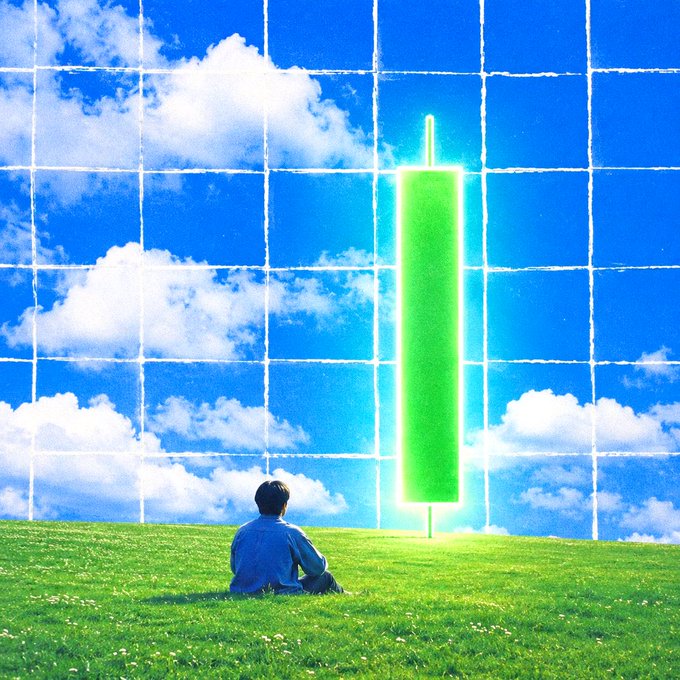 A person sits on a grassy hill gazing up at a glowing green candlestick rising into a blue sky with scattered clouds, overlaid with a grid pattern—evoking a financial chart breakout. The towering green bar and "GM" caption symbolize a bullish milestone, representing the moment a stock surges and the reward of patient perseverance.