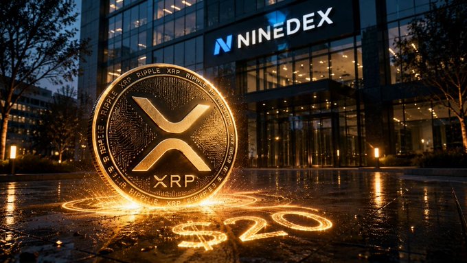 The image features an XRP coin, which has been rendered with yellow lights shining from its center, creating a glowing effect against the dark background. The coin's position in front of a building suggests that it might be located inside or near the building. The text "XRP" is prominently displayed on the coin, indicating that it is related to Bitcoin and XRP.

The image also includes a caption that reads: "Analyst Ninedex says #XRP could target $5 if bullish momentum continues, while a breakout above its long-term channel could open the door to a more aggressive $20 scenario. XRPL tokens on DEX pro sets a". This part of the image provides additional context about the coin and its potential value in relation to Bitcoin and XRP.