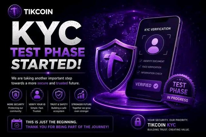 A promotional graphic for Tikcoin announces that the "KYC Test Phase Started!" featuring a smartphone displaying a verification process (Identity Document, Face Verification, Information Check) alongside a shield emblem, with four pillars: "More Security," "Verify Your ID," "Trust & Safety," and "Stronger Future," tied to the tagline "Your Security. Our Priority. Tikcoin KYC - Building Trust, Creating Value." The image contrasts with the post's skepticism by presenting KYC as a celebrated milestone, highlighting the disconnect the author raises between verification promises and actual token utility.