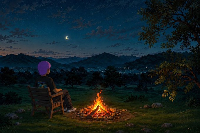 An anime-style illustration of a person with purple hair sitting on a bench beside a campfire at night, gazing at a crescent moon and stars over a distant city landscape.