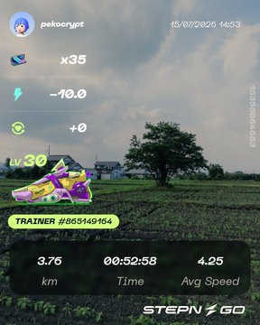STEPN GO app screenshot showing a trainer walking 3.75 km in 00:52:58, earning x35 and -10.0 GGT tokens, with sneakers visible in the rural background.