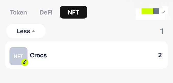 The image shows a Robinhood NFT collection selection screen with the "NFT" tab selected, displaying a collection called "Crocs" labeled with the number 2, hinting at the starting point of the user's NFT collecting journey mentioned in the post.