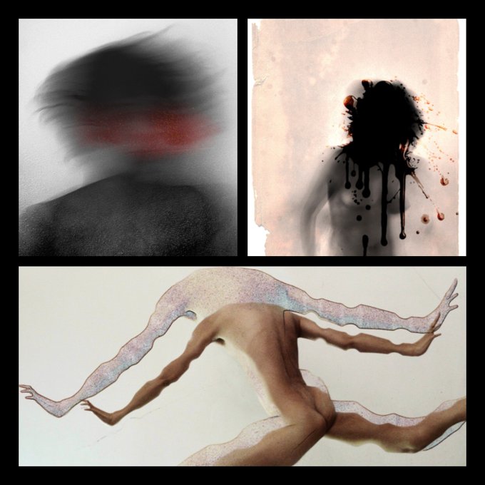 The image is a triptych of surreal, blurred artwork: a shadowy figure with a red-stained face, a black ink splatter against pale tones, and an abstract painting of intertwined limbs, all evoking a haunting, dreamlike aesthetic that aligns with the #photography and #TEZOSTUESDAY themes of artistic experimentation.