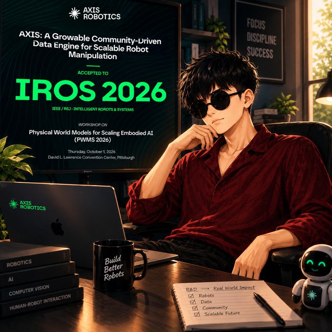 An anime-style promotional graphic for AXIS ROBOTICS announcing acceptance to IROS 2026 and a workshop on Physical World Models for Scaling Embodied AI (PWMS 2026) on October 1, 2026 in Pittsburgh.