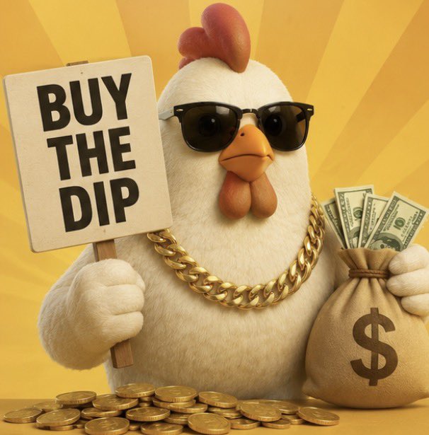 A 3D-rendered image of a chicken wearing sunglasses and a gold chain, holding a "BUY THE DIP" sign, alongside a bag of money and a pile of coins.