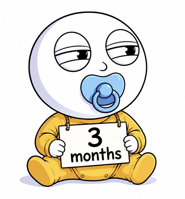 A cartoon baby with a pacifier holds a sign reading "3 months," visually representing the post's celebration of the $DOOFY memecoin's 91x growth and nearly 9,000% gain over three months on a DEX.