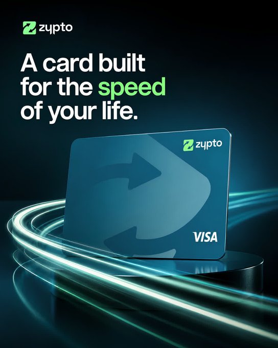 A sleek blue Zupto Visa credit card is displayed on a pedestal with dynamic glowing light trails swirling around it, visually emphasizing the tagline "A card built for the speed of your life." The motion-blur effect reinforces the post's claim of instant top-ups and rapid balance updates that set this crypto Visa apart from competitors.