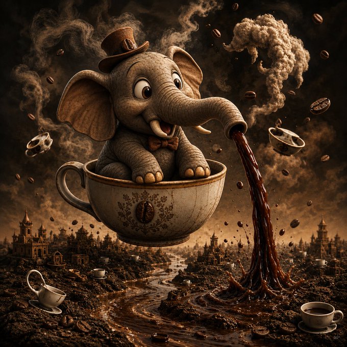 A whimsical, dark-toned fantasy illustration of a baby elephant wearing a top hat and bow tie, sitting inside a giant floating teacup while pouring a river of coffee over a tiny landscape.