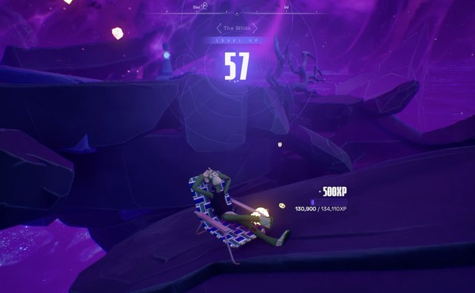 A player on a skeletal dragon soars through a purple cosmic landscape, facing "The Wilds" encounter with a level indicator showing 57 and XP gains of 130,900/134,110 (+500XP). The scene captures a moment of progression in the OthersideMeta game, highlighting the rare and exclusive nature of the experience with the level-up milestone visible mid-flight.
