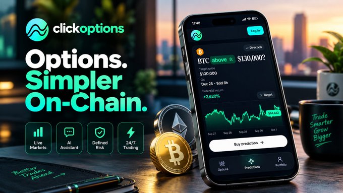 An advertisement for 'clickoptions' featuring a smartphone displaying a BTC trading chart with 'Options. Simpler On-Chain.' as the main tagline, alongside feature highlights like Live Markets, AI Assistant, and 24/7 Trading.