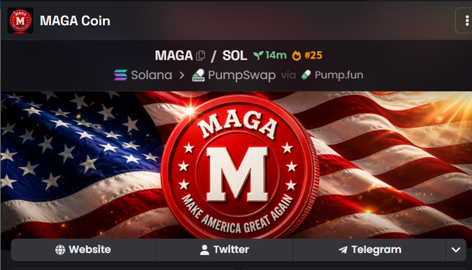 A cryptocurrency listing for MAGA Coin on Solana via PumpSwap and Pump.fun, displayed with an American flag background and a red 'MAGA - MAKE AMERICA GREAT AGAIN' coin.