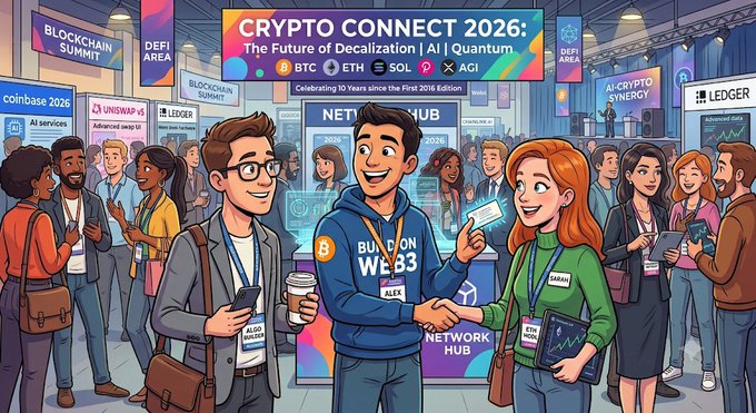 A vibrant cartoon illustration of a 'CRYPTO CONNECT 2026: The Future of Decentralization | AI | Quantum' summit featuring diverse attendees networking, with visible tickers BTC, ETH, SOL, and AGI.