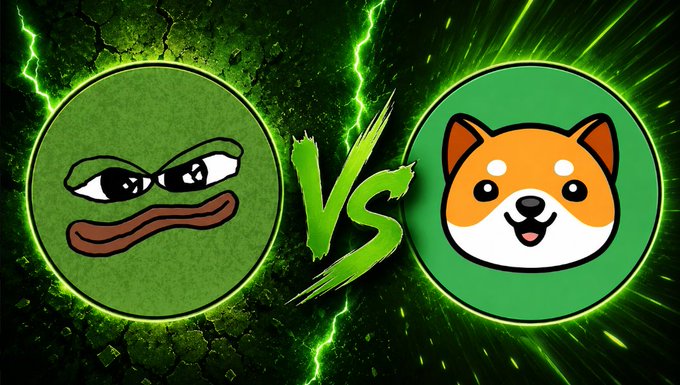 A dramatic "vs" battle graphic pits the Pepe frog character against a Shiba Inu dog mascot, framed by green lightning bolts and rays against a dark green cracked background. The image visually represents the choice between two memecoins—$BOME (Pepe-themed) and $BABYDOGE (Shiba Inu-themed)—presented in the caption as a bullish showdown between the two.