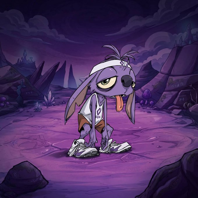 A cartoonish illustration features a tired-looking purple dog character wearing a white headband, a white tank top with 'P04', and oversized white sneakers, standing in a purple, otherworldly landscape with crystals and strange structures.
