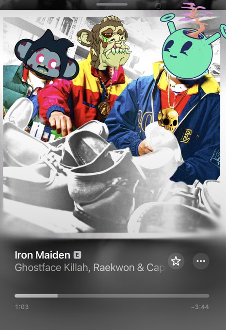 A Spotify music player screenshot showing the track "Iron Maiden" by Ghostface Killah, Raekwon & Cappadonna playing at 1:03, with the album cover featuring three stylized characters.