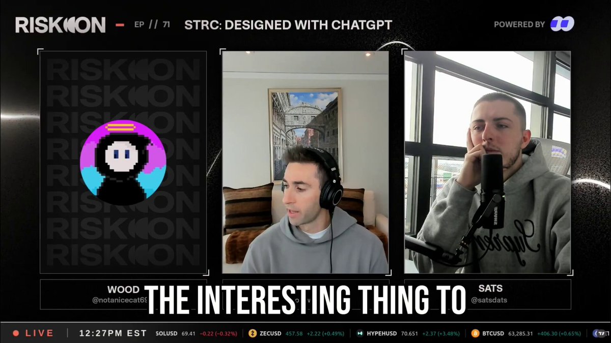 The image shows a computer screen displaying a podcast or radio show with two men talking about something interesting, possibly related to trading or finance. The background of the image features a cartoon character wearing a hat and sunglasses, which adds a fun and engaging element to the presentation. The caption at the bottom of the image reads "Focus on what is in the image and how it relates to the post."