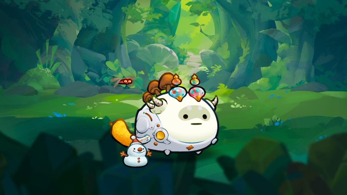 A cute cartoon white creature with mushrooms and a squirrel on its back, accompanied by a small duck and a red beetle, set in a lush green forest.