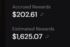 A screenshot showing financial rewards with 'Accrued Rewards' of $202.61 and 'Estimated Rewards' of $1,625.07.