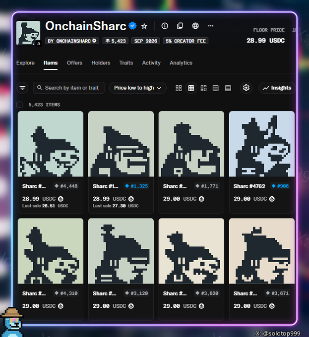 An NFT marketplace page for 'OnchainSharc' shows pixel art shark collectibles listed at floor prices around 28.99-29.00 USDC.