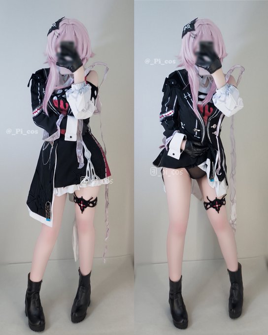 The image shows two side-by-side photos of a cosplayer with long pink hair, wearing a black and white jacket-style dress, black gloves, black ankle boots, and thigh garter, with watermarks "@_Pi_cos" visible.