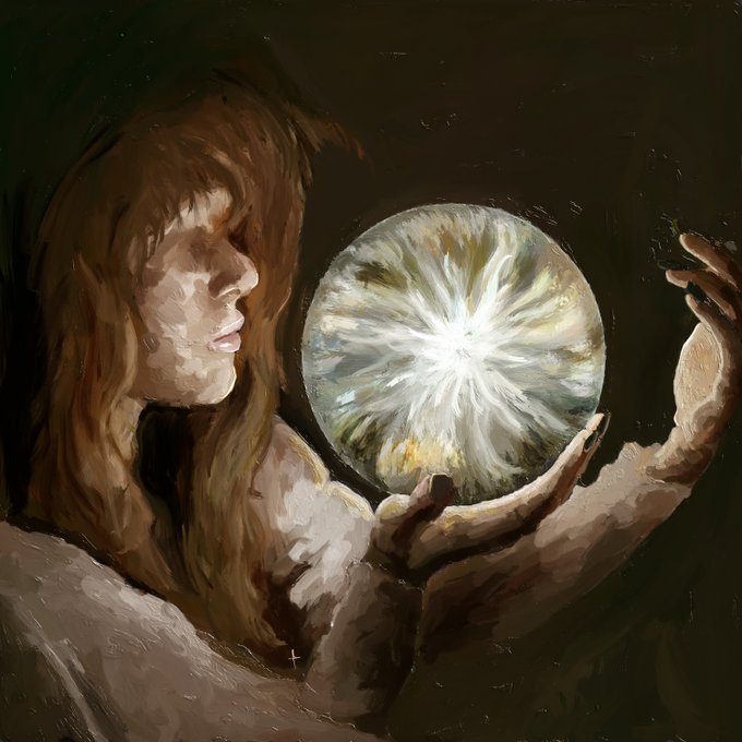 A painted artwork depicts a woman holding a glowing, sphere of bright light in her hands against a dark background.