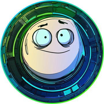 A stylized cartoon meme coin with a wide-eyed, anxious expression, encased in a futuristic teal and green metallic ring, visually representing the quirky crypto tokens (PitBoys, MineBoys, $DERP) trending on the StonkPit platform.