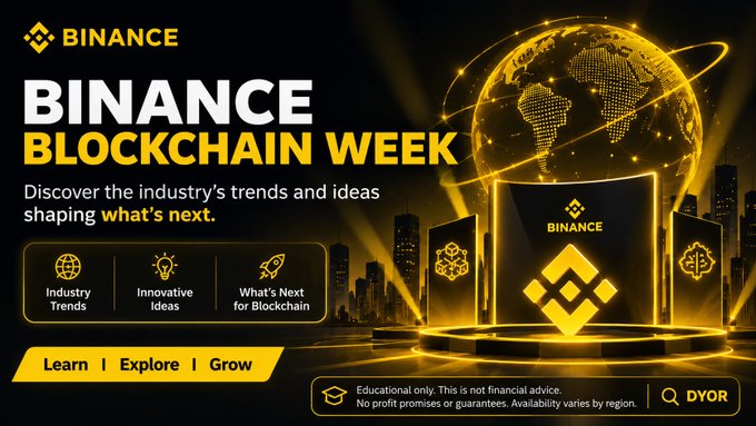 A promotional graphic for 'BINANCE BLOCKCHAIN WEEK' featuring a golden globe, the Binance logo, and category icons for Industry Trends, Innovative Ideas, and What's Next for Blockchain.