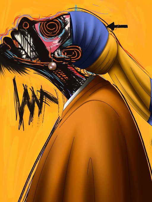 A striking digital illustration showing a figure from behind wearing a yellow robe and blue headscarf, with the visible side of their face revealing a stylized, mechanical, or glitch-art design in orange and black against a bright yellow background.