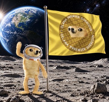 A cartoon Shiba Inu dog in a space helmet planting a "Dogana Premier DogeCoin" flag on the moon, with Earth visible in the background.
